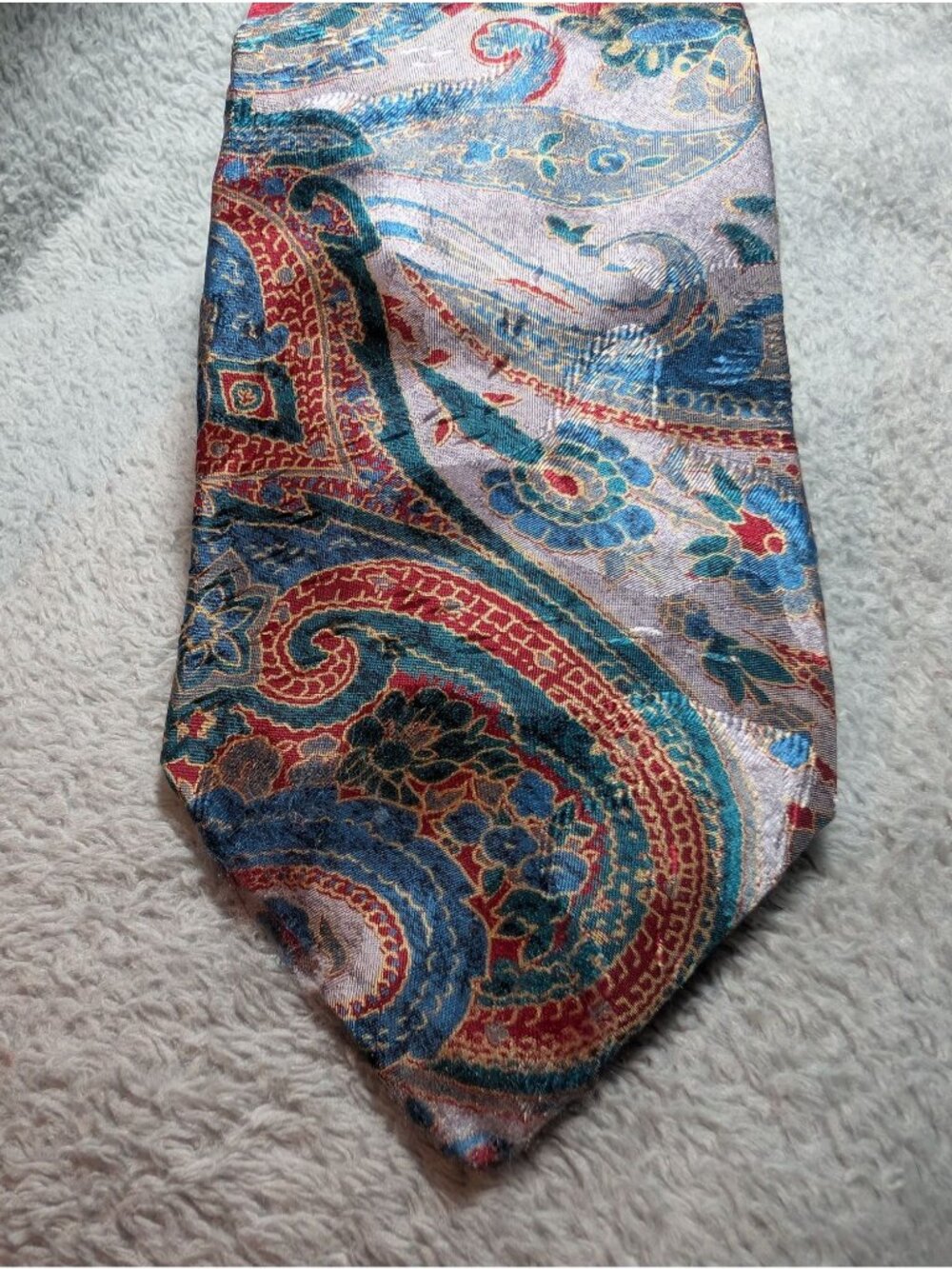 Vintage Embassy Square Paisley Silk Necktie With Red Blue & Gold Floral Design